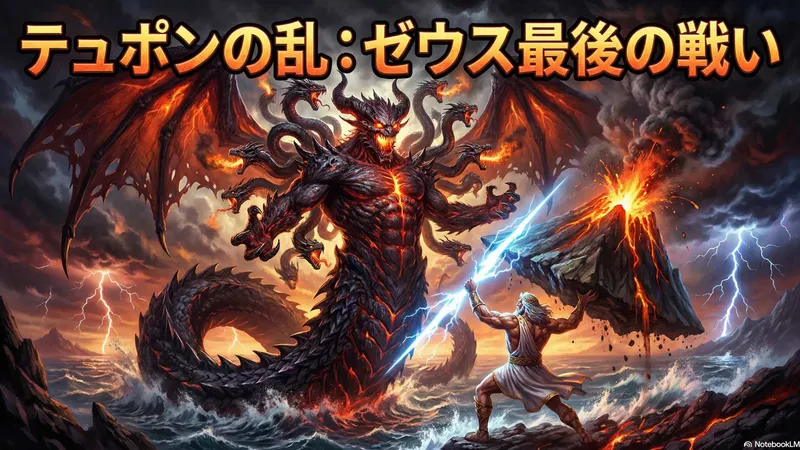 エトナ火山から噴煙を上げるテュポンと、雷を構えるゼウスの対決を描いた想像図
