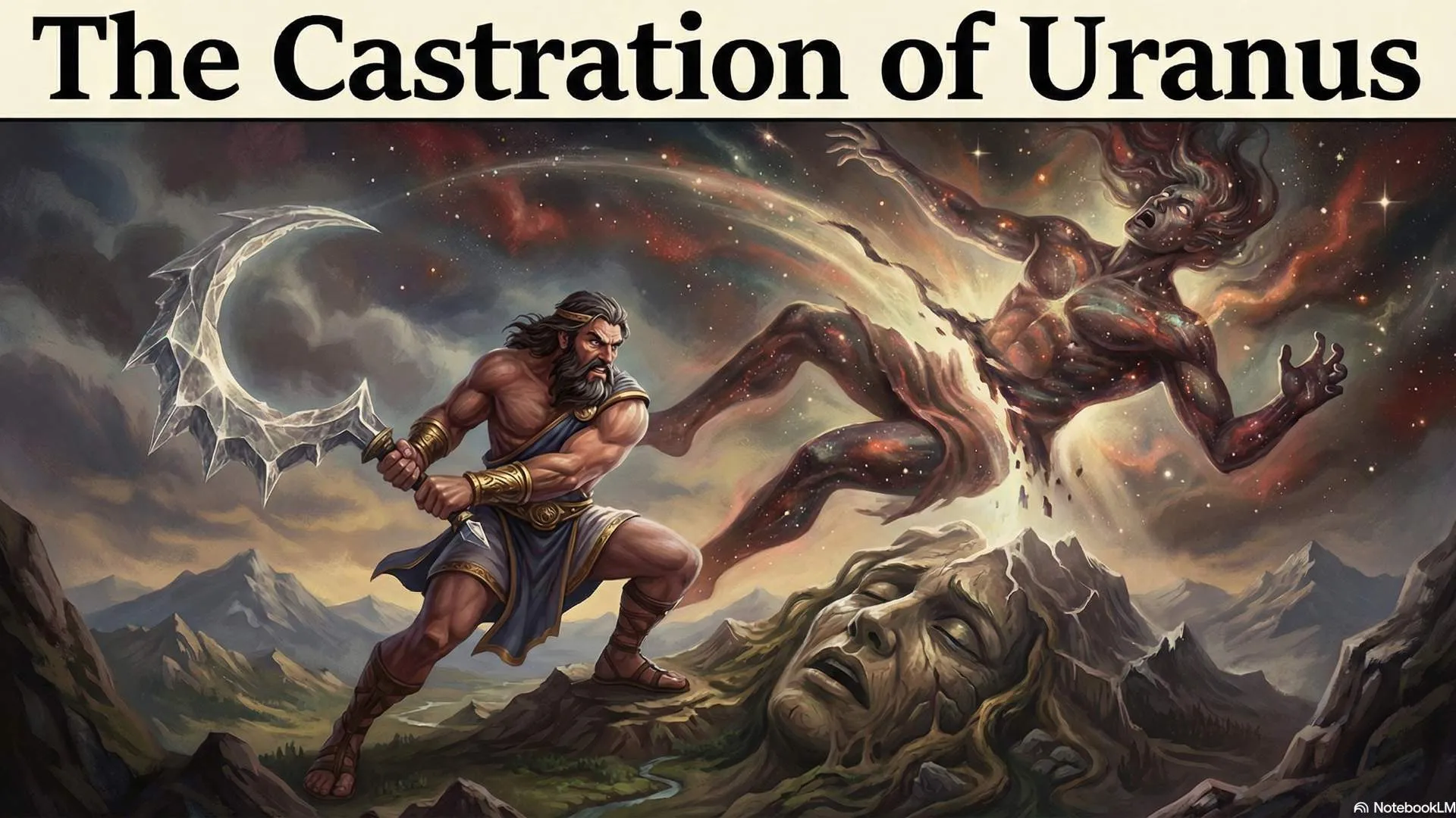 An abstract image depicting Uranus, the sky god, being wounded by his son Cronus with a sickle, and the gods born from this act spreading across the world.