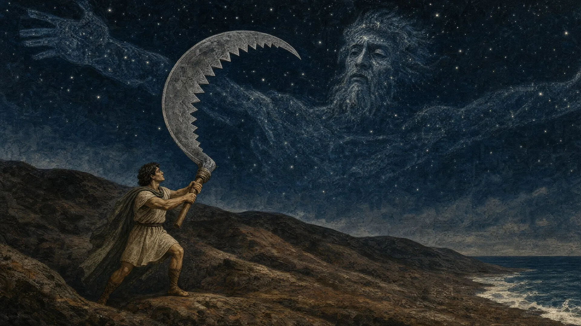 An abstract image depicting Uranus, the sky god, being wounded by his son Cronus with a sickle, and the gods born from this act spreading across the world.