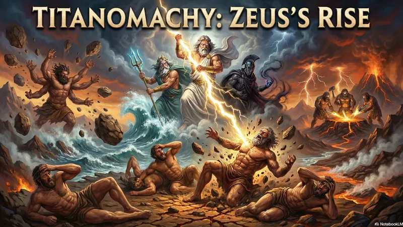 A grand mythological scene of Zeus, holding his thunderbolt, confronting the Titans amidst clouds and lightning