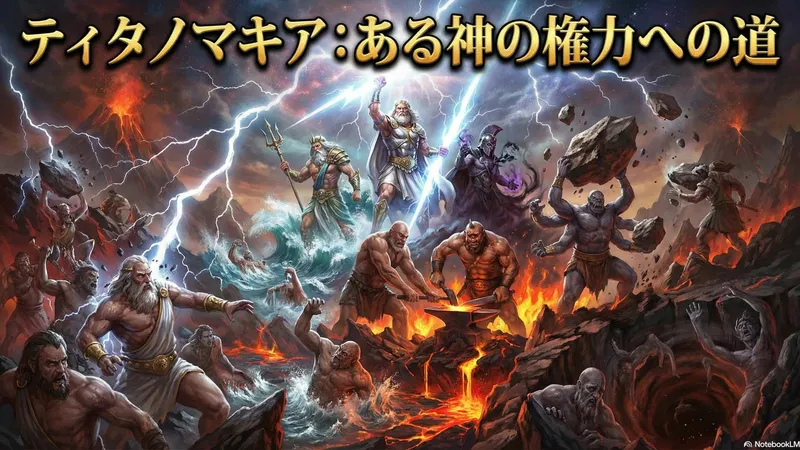 ゼウスが雷霆を手に、雲と稲妻の中でティタン族と対峙する壮大な神話の情景