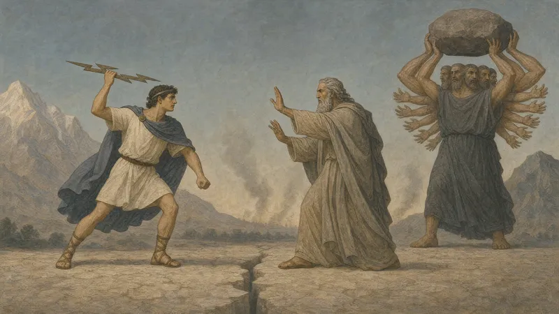 A grand mythological scene of Zeus, holding his thunderbolt, confronting the Titans amidst clouds and lightning