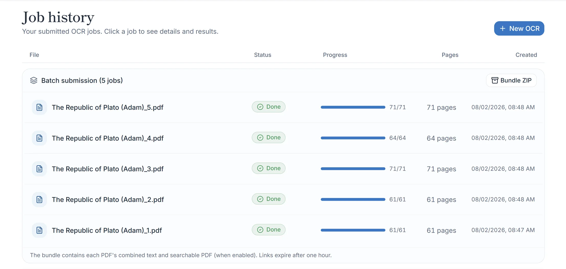 Humanitext OCR job history showing several PDFs processed as one batch