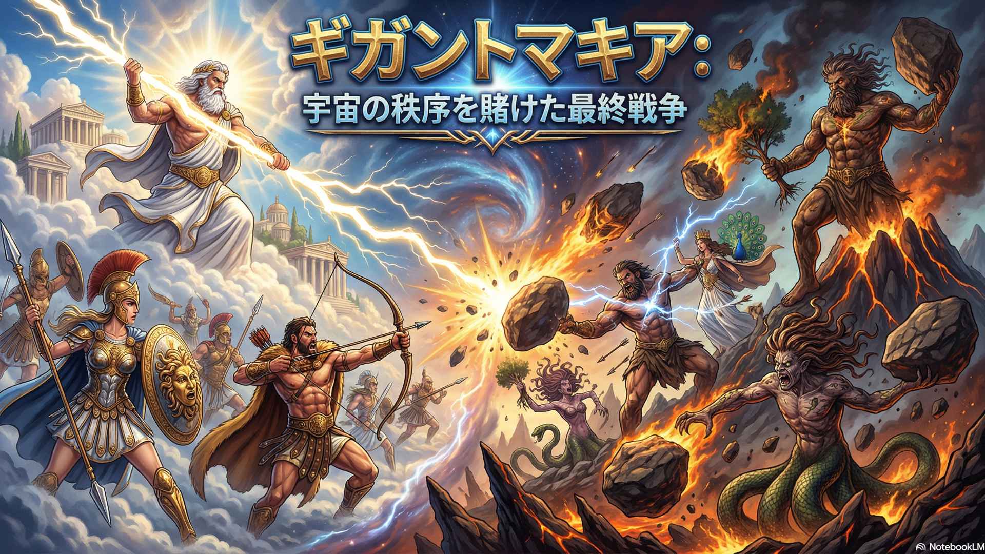 オリンポスの神々と、蛇の足を持つ巨人族が激しく戦うギガントマキアの様子を描いた古代のレリーフ風のイラスト。