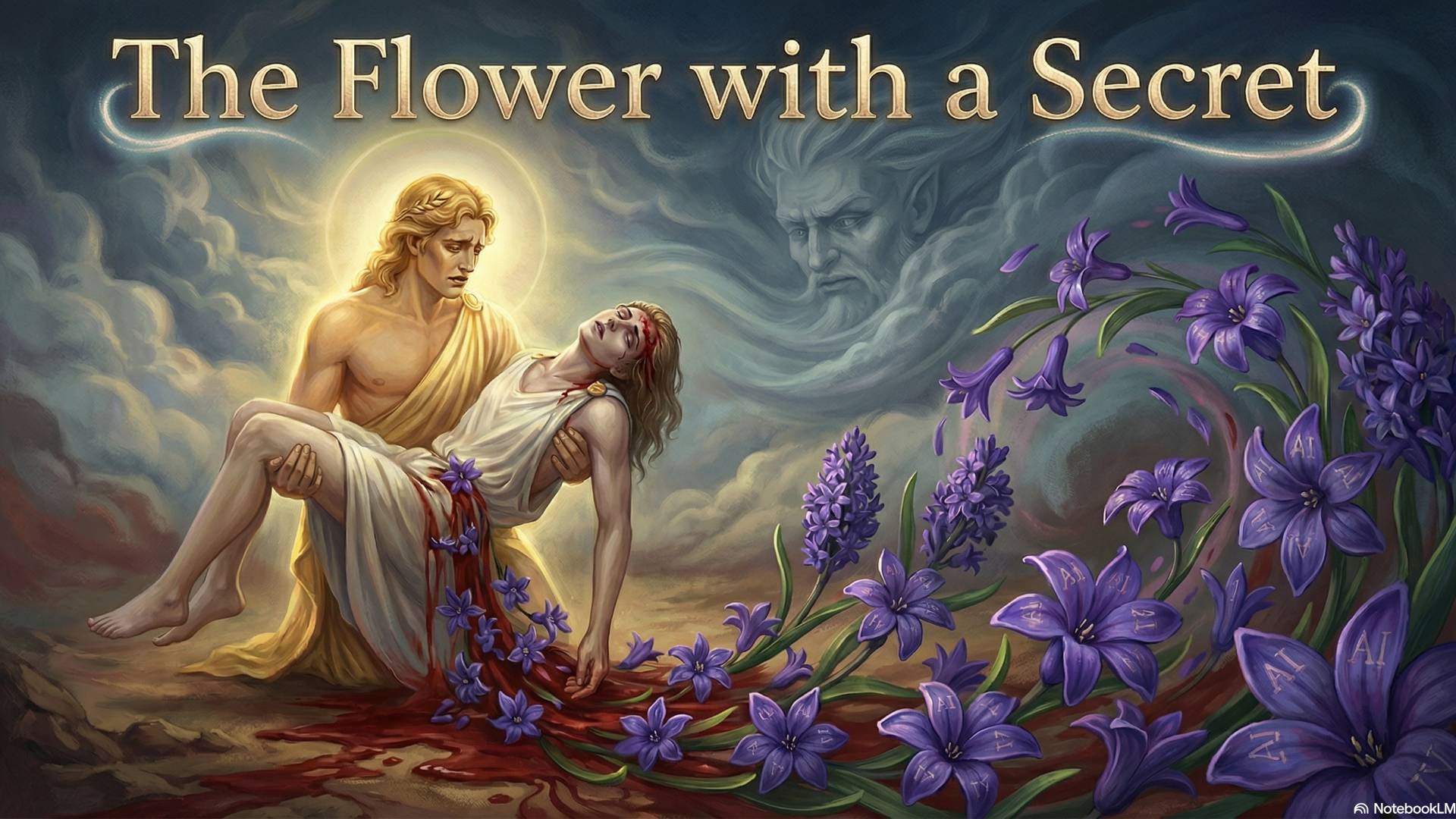 Apollo grieving as the blood shed by the youth at his feet transforms into a vivid purple flower, with words of mourning emerging on the petals