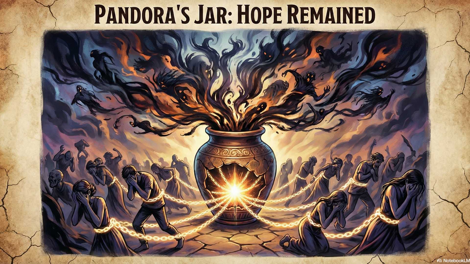 Pandora, with an expression of curiosity and apprehension, stands before the beautiful jar gifted to her by the gods.