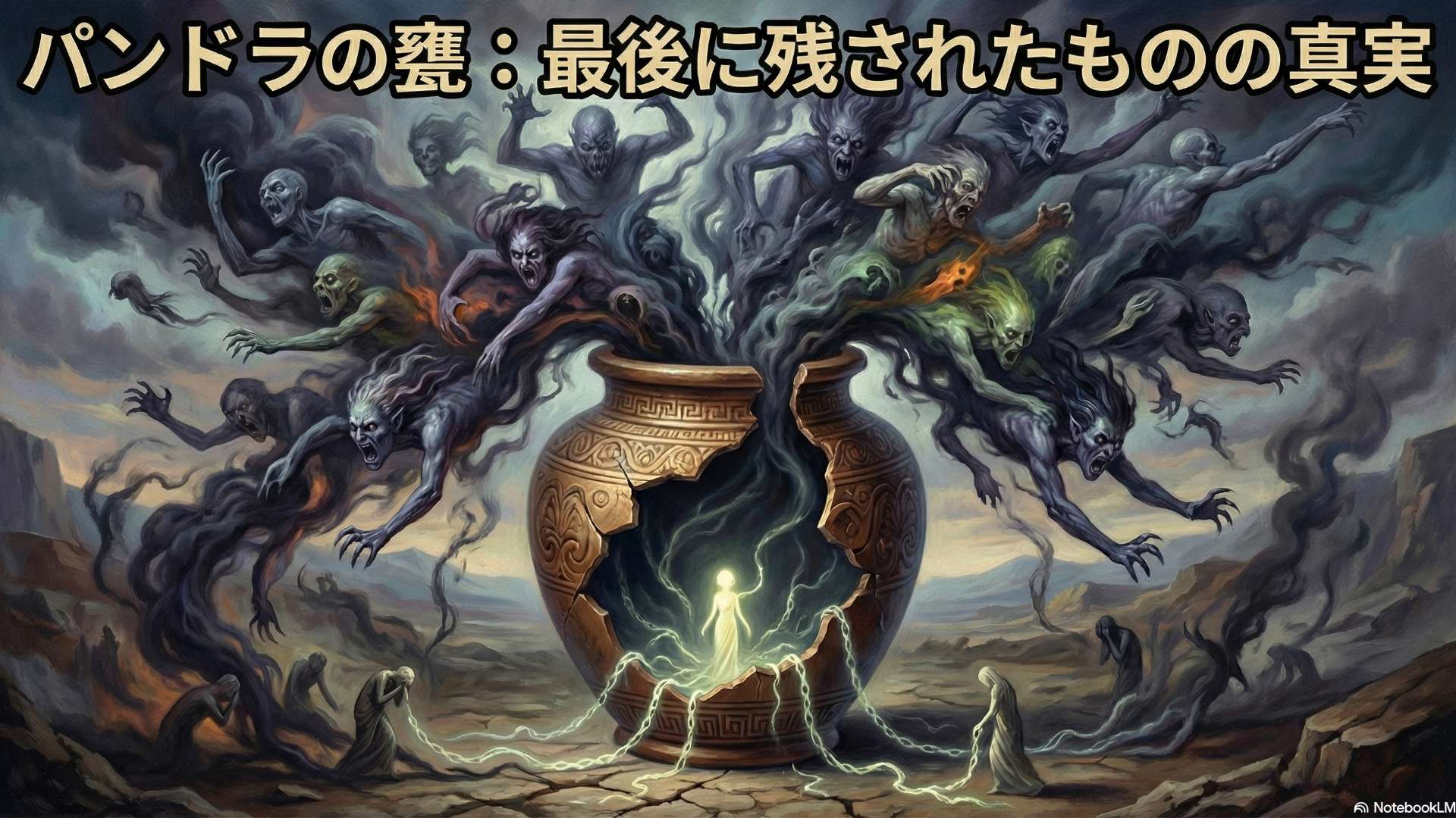 神々から贈られた美しい甕を前に、好奇心と不安の表情を浮かべるパンドラ。