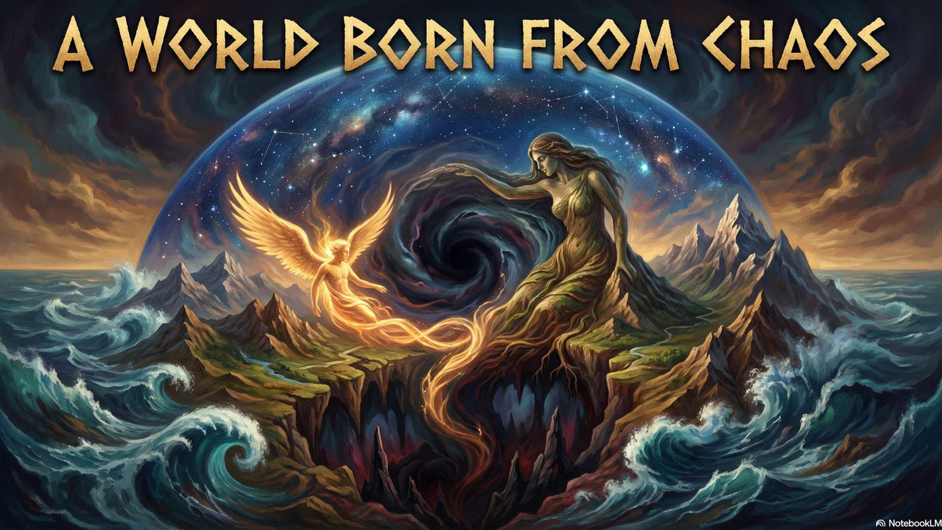 A depiction of the earth mother Gaia emerging from the void of Chaos.