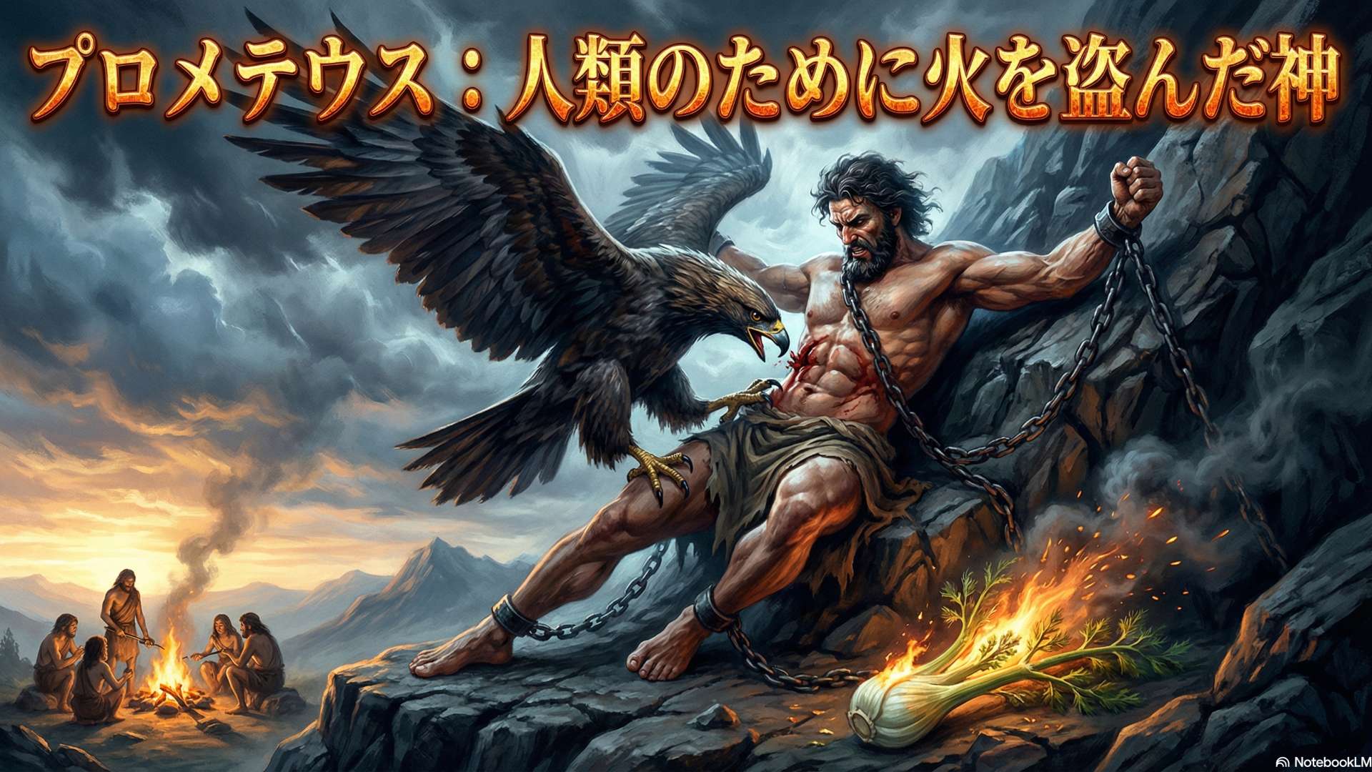 カウカソスの岩山に鎖で縛られ、鷲に肝臓を啄ばまれるプロメテウスの劇的な情景