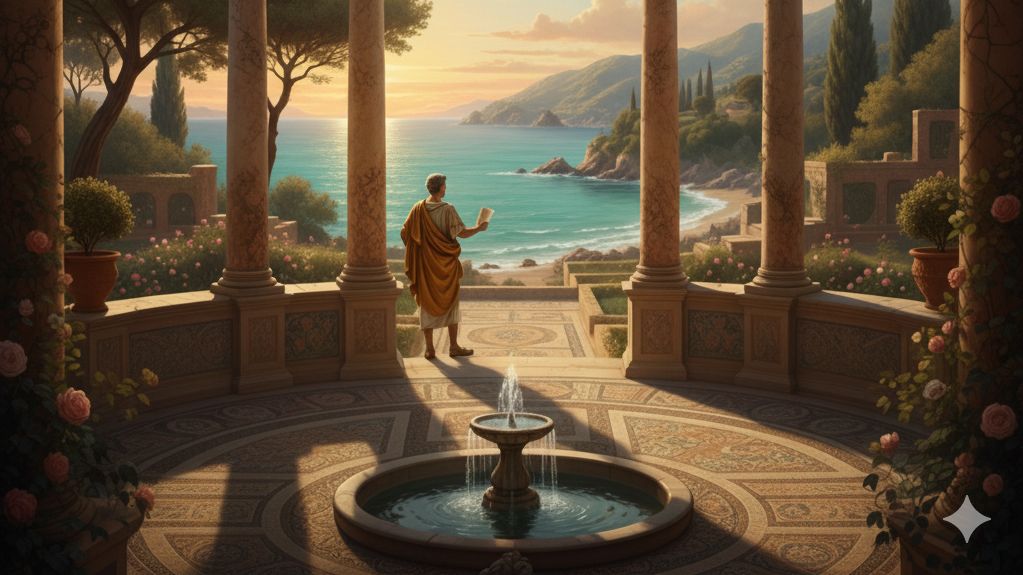 A garden in an ancient Roman villa, with a view of the sea from a colonnade.