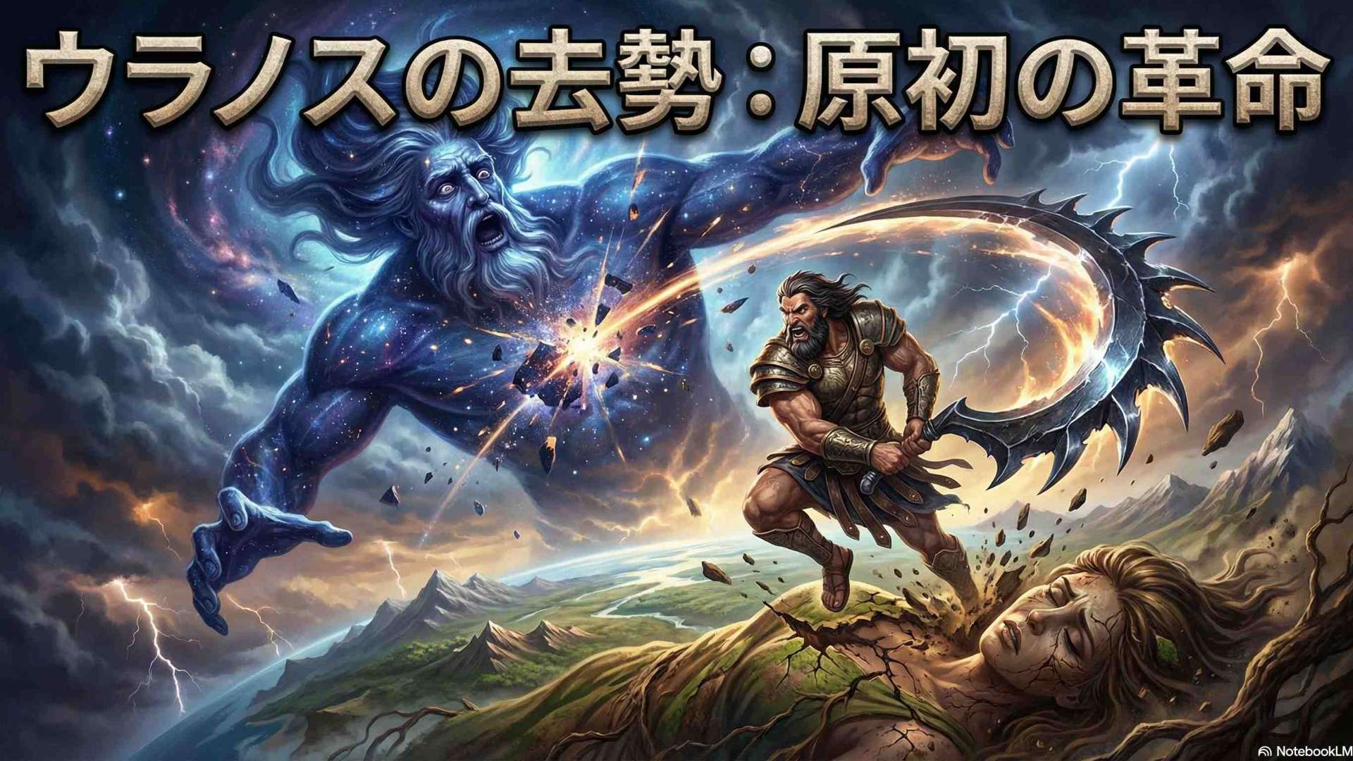 星空の神ウラノスが、息子クロノスによって鎌で傷つけられ、そこから生まれた神々が世界に広がる様子を描いた抽象的なイメージ。